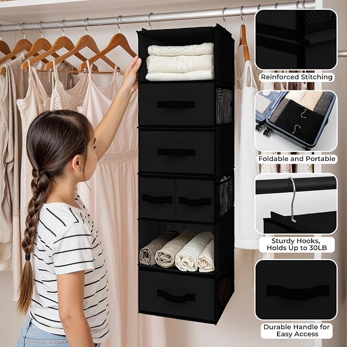 GRANNY SAYS Hanging Closet Organizer 6 Shelves, Closet Organization and Storage with 5 Different Drawers, 6 Side Pockets Wardrobe Clothes Organizer for Closet, Black, 1-Pack - Image 4