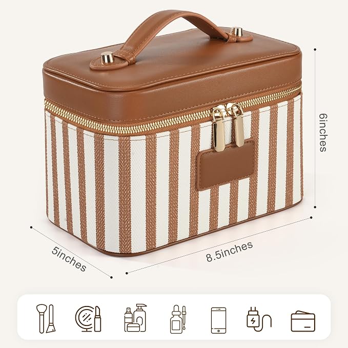 Makeup Bag Travel Toiletry Leather Cosmetic Case, Waterproof Makeup Organizer with Brush Holder, Wipe Clean Removable Divider Vanity Train Bag for Women, Caramel Brown - Image 3
