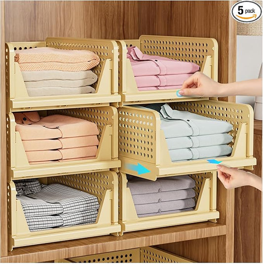 SNSLXH 5 Pack Stackable Closet Organizer Box, Multifunctional & Foldable Closet Storage Basket for Bathroom Kitchen Laundry Room Wardrobe Storage, Space-Saving Clothes Storage Drawer Organizer, Yellow by SNSLXH