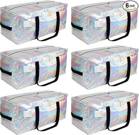 VTSVTS 6 Pack Extra Heavy Duty Large Moving Bags with Comfortable Handle & Strong Zipper,Storage Totes for Space Saving Moving Storage College Supplies Alternative to Moving Box,Iridescent by VTSVTS