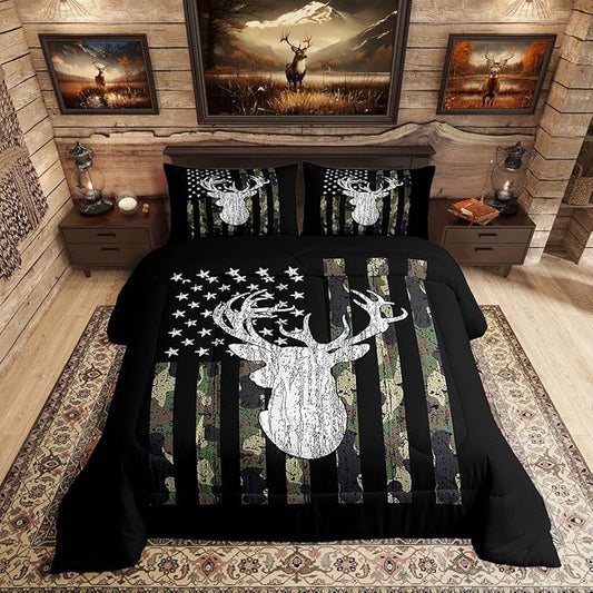 Camo Twin Bedding Set for Boys Army Green Camo American Flag Comforter Set,Teen Camouflage Deer Hunting Bedding Comforter Sets Rustic Farmhouse Woodland Animal Bedding Quilt Black White 1 Pillowcase by Erosebridal