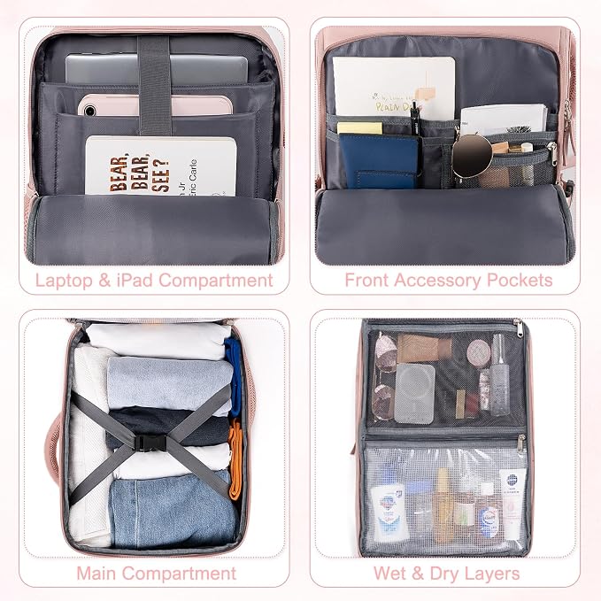 Sinaliy Travel Backpack, Carry on Flight approved Travel Bag with Multi-Pockets, Waterproof 17.3inch Laptop Backpack for Men Women, Pink | Waterproof 17.3 Inch Laptop Backpack with Multi-Pockets, Personal Item Travel Bag for Women Work, College, Busine... - Image 7