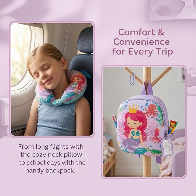 Sanwuta 4 Pcs Kids Luggage Set Back to School Gifts for Girls Boys Carry On Rolling Suitcase Backpack Neck Pillow Travel Set(20 Inch,Mermaid Style,Purple) - Image 7