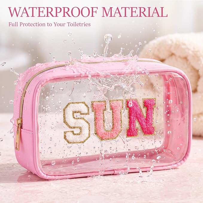 Kacctyen 10 Pcs Sun Clear Makeup Bags with Zipper in 5 Assorted Colors, Chenille Letter Sunscreen Bags Bulk, Clear Waterproof Cosmetic Bag for Women Beach Pool Trip & Summer Birthday Party Favors - Image 4
