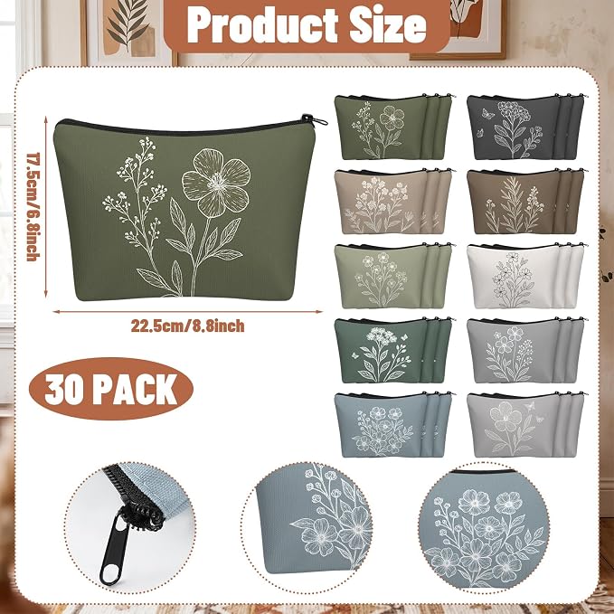 Sweetude 30 Pcs Vintage Flowers Makeup Bag Bulk Boho Gifts Portable Travel Cosmetic Bags with Zipper Retro Floral Waterproof Roomy Travel Toiletry Organizer Storage Beauty Pouch for Women Gifts - Image 3