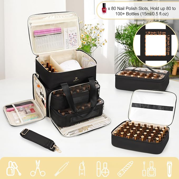 Relavel Nail Polish Organizer, Double Layer Nail Bag Holds 80-100 Bottles (15ml/0.5fl.oz) & Nail Lamp Nail Kit Storage Case, Extra Large Travel Nail Supplies Shoulder Bag for Manicure Tools (Black) - Image 2