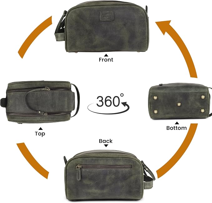 LEATHER VILLAGE Genuine Leather Toiletry Travel Pouch With Waterproof Lining - Olive | King-Size Handcrafted Vintage Dopp Kit Bag, Shaving & Bathroom Organizer, Gift for Men & Women - Image 6