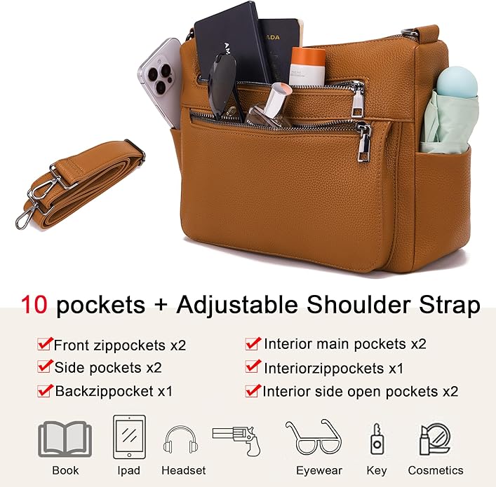 YZAOLL Large Crossbody Shoulder Bag for Women Vegan Leather Tote with Adjustable Wide Strap Work Purse with 10 Pockets