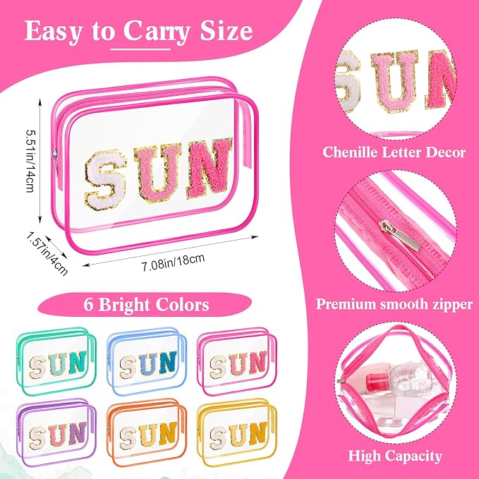 Kacctyen 12 Pcs Sun Clear Makeup Bags Bulk Sunscreen Pouch for Beach Pool Waterproof Toiletry Cosmetic Zipper Organizer with Preppy Chenille Letter Patch Women Girls Summer Vacation Gifts Essentials - Image 3