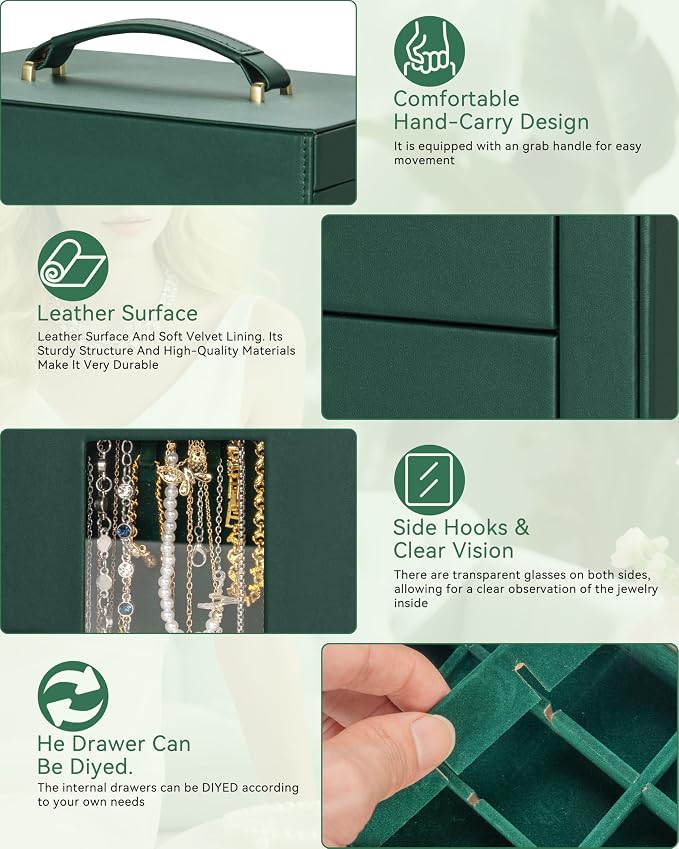 AKOZLIN 6-Tier Jewelry Box Organizer Functional 5 Drawers Leather Jewelry Storage Case for Women Girls Ring Necklace Earring Bracelet Holder Organizer with Mirror XL Green 360° Rotating - Image 6