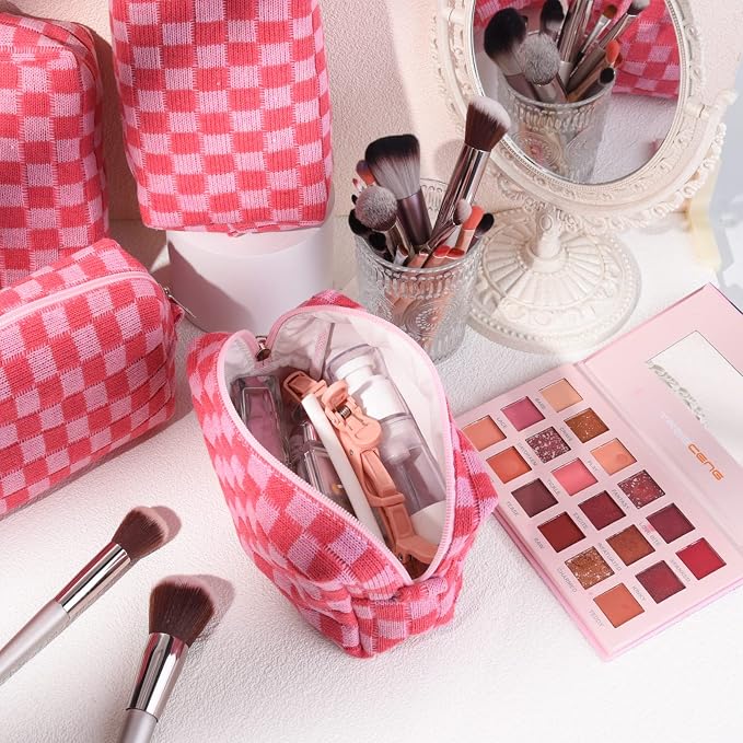 SOIDRAM Checkered Makeup Bag Preppy Cosmetic Bag Bulk Pink Makeup Pouch Personalize Travel Toiletry Bag Organizer Cute DIY Makeup Brushes Storage Bag for Women - Image 2