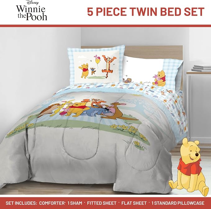 Disney Winnie The Pooh Twin Comforter Set 5 Piece Kids Bedding, White | Piglet Tigger, Bed in a Bag, Comforter Sheets Sham Pillowcase, Official Brand, Soft Microfiber, Machine Washable, Kids Gift - Image 2