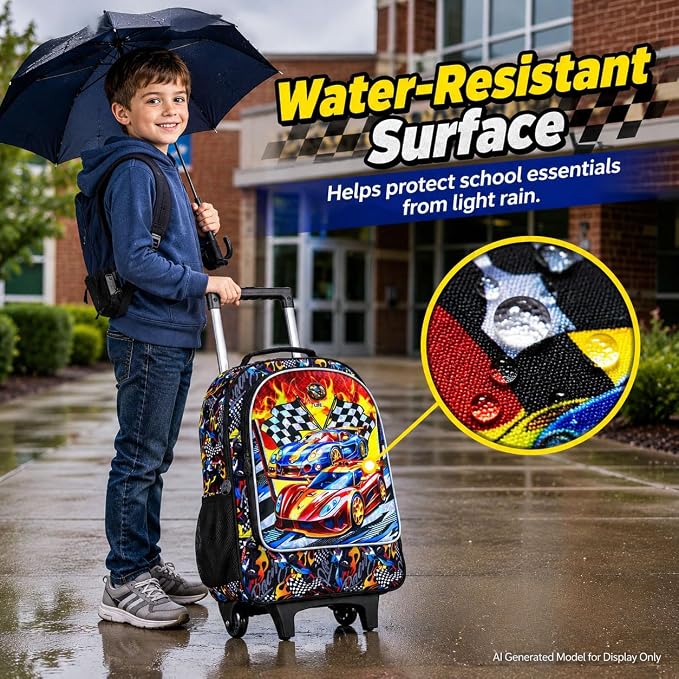 HPJGD 3PCS Car Rolling Bookbag for Boys, Kids School Backpack with Wheels, Water Resistant UV Printed Roller Wheeled Bookbag Set with Lunch Box - Image 4