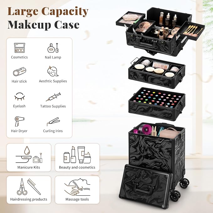 Rolling Makeup Train Case with Lid Cosmetology Case on Wheels | 5 in 1 Large Cosmetic Trolley Organizer Travel for Hairstylist Artist Nail Beauty Salon Barber Cart Trunk, Black Ink - Image 4