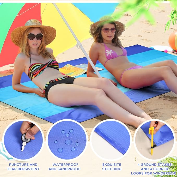 Weysat 20 Sets Beach Blankets Sandproof 78 x 82'' Bulk Large Waterproof Beach Mat for 1-6 Adults Oversized Sand Free Beach Blanket with Stakes Climbing Hook Storage Bag for Travel Camping (Joint Blue) - Image 4