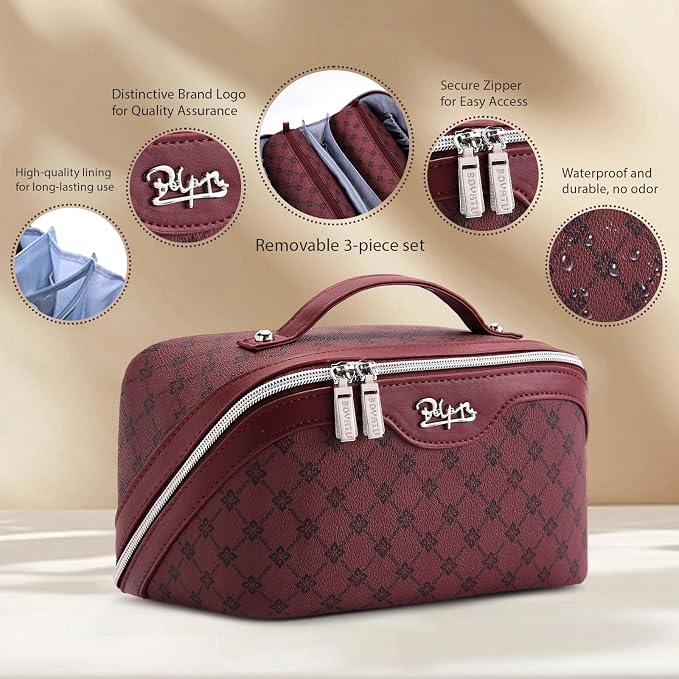 BOYATU Travel Makeup Bag Cosmetic Bags for Women: 3 Pcs Set Large Capacity Make up Bag with Handle - Vegan Leather Toiletry Bags with Compartments - Makeup Organizer for Travel Essentials(A-10-Red) - Image 2