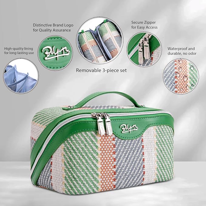 BOYATU Travel Makeup Bag Cosmetic Bag for Women: 3 Pcs Set Make up Bag with Compartments - Waterproof Vegan Leather Toiletry Bags with Handle - Makeup Organizer for Travel Essentials(C-2-Green) - Image 2