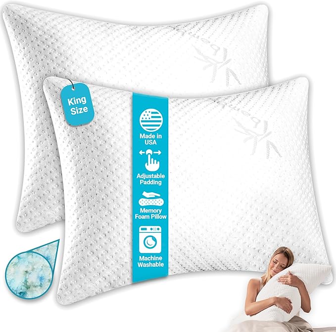 Xtreme Comforts 2-Pack Pillows for Sleeping Made in The USA Sleep Adjustable King Memory Foam Pillow for Side, Back & Stomach Sleepers w/Removable Cooling Zipper Cover