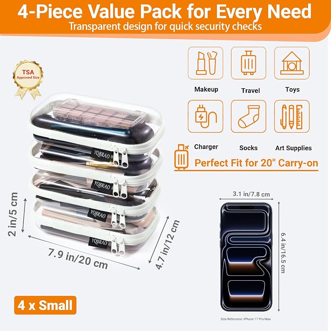 YQBRAO 4-Pack Clear Hard Shell Zipper Case, 1.2mm Ultra-Thick Diaper Bag Organizer Pouches, Rigid Self-Standing Travel Makeup Bags with YKK Zippers, TSA Approved, White - Image 4