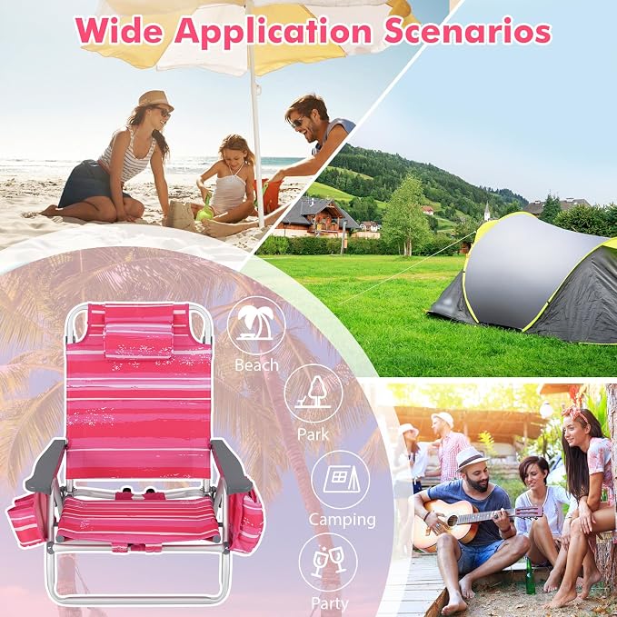 Giantex Folding Beach Chair, Patio Sling Chairs with 5 Adjustable Position, Head Pillow, Storage Bag, Towel Bar, Cup Holders, Backpack Chairs for Sunbathing, Camping Chair - Image 8