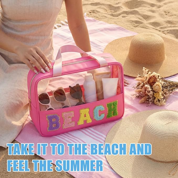 Hillban 6 Pcs Clear Beach Makeup Bags Bulk Travel Toiletry Bags with Handle Chenille Letter Large Waterproof Storage Preppy Patch PVC Nylon Cosmetic Bag for Summer Beach Pool Vacation Women Gift - Image 2