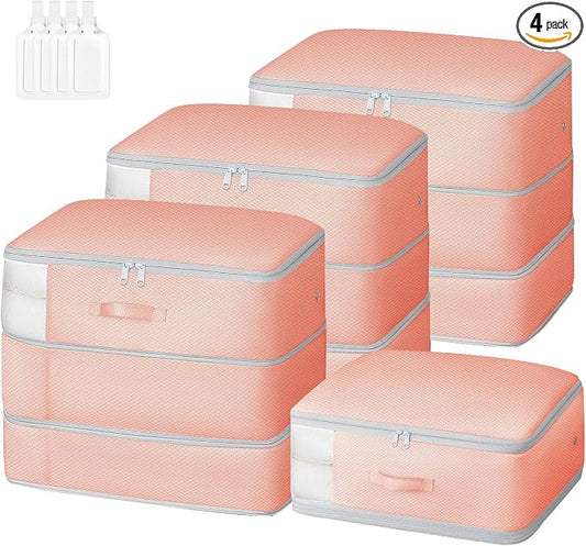 Comforter Storage Bag - Large Capacity Blanket Storage Bags 3-Layer Ultra Space Saving Self Compression Organizer, Washable Compression Bags for Storage Comforter Blanket, 4-Pack, Pink by EasortmPackingCubes