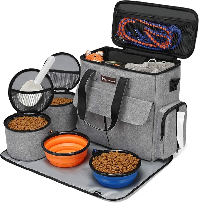 Modoker Dog Travel Bag with 2 Food Bags, 2 Bowls and 1 Mat (Grey) | Roomy Main Compartment | Multiple Functional Pockets | Water-Resistant Oxford Fabric | PVC Backing | Leak-Resistant Lining - Image 7