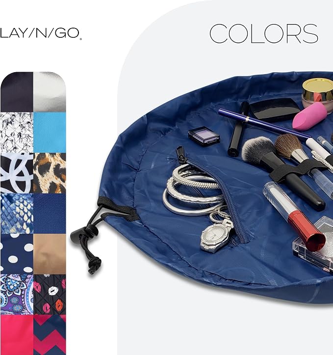 Lay-n-Go Cosmo Layflat Drawstring Cosmetic & Makeup Bag Organizer w/Zipper Pocket, Brush Loops & More, Cinch to Close, Lay Flat to Use, Durable, Machine Wash, Travel Toiletry Bag (20", Navy) - Image 6