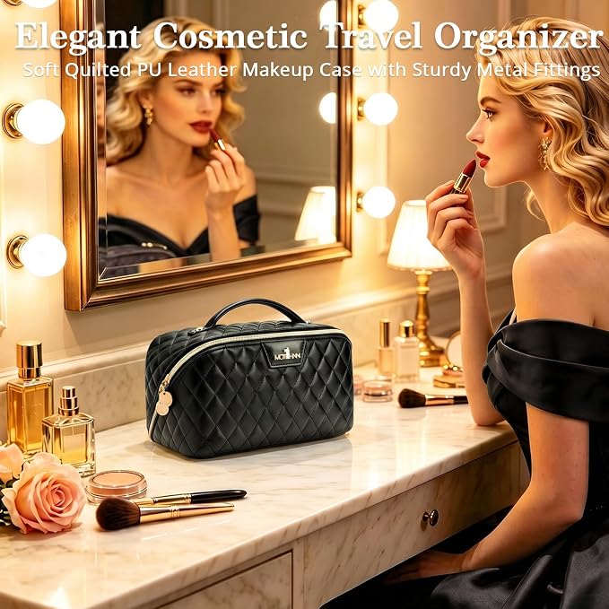 Travel Makeup Bags Cosmetic Organizer: 3Pcs Set Puffy Make up Bag for Women | Black Premium Quilted ELEGANCE Design | Large Capacity Leather Toiletry Bags | Wide Open Compact Case for Travel Essentials - Image 4