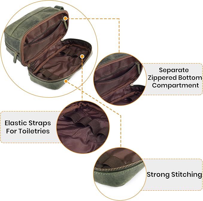 LEATHER VILLAGE Genuine Leather Dopp Kit - Travel Bag with Waterproof Lining, Large Capacity Toiletry Bag, Dual-Zip Design for Men & Women, Shaving & Bathroom Essentials Organizer - Olive - Image 4
