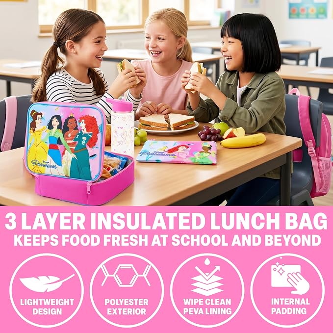 Get Trend Disney Princess Kids Backpack 4 Piece Set | 18 inch Bookbag, Insulated Lunch Bag, Zipped Pencil Case & BPA-Free Water Bottle for School & Travel, Gifts for Girls - Image 4