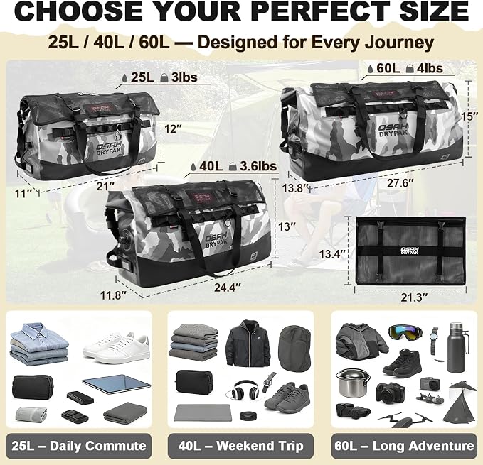 OSAH DRYPAK Waterproof Duffel Bag 25L/40L/60L – Heavy-Duty Motorcycle Tail Bag, Roll-Top Dry Bag for Travel, Camping, Boating, Kayaking, Outdoor Adventure - Image 2