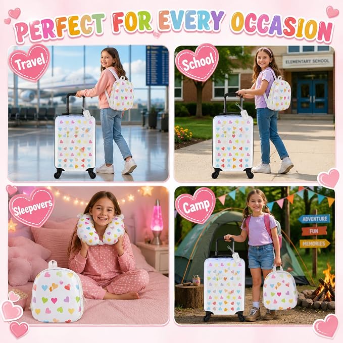 Sanwuta 4 Pcs Kids Luggage Set Back to School Gifts for Girls Boys Carry On Rolling Suitcase Backpack Neck Pillow Travel Set(20 Inch,Heart Style,White) - Image 6