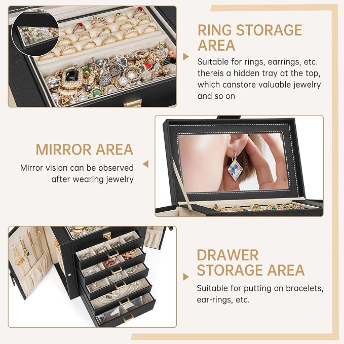 AKOZLIN 6-Tier Jewelry Box Organizer Functional 5 Drawers Leather Jewelry Storage Case for Women Girls Ring Necklace Earring Bracelet Holder Organizer with Mirror Medium Black - Image 2