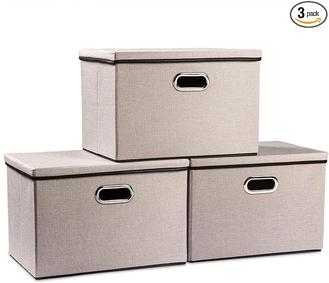PRANDOM Large Foldable Storage Bins with Lids [3-Pack] linenFabric Decorative Storage Boxes Organizer Containers Baskets Cube with Handles Divider for Bedroom Closet Office Light Grey(17.7x11.8x11.8) by Prandom
