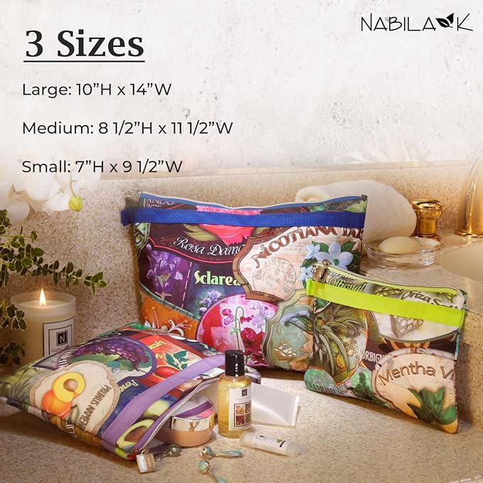 Nabila K Set of 3 Travel Pouches - Part of the Voyager's Garden Collection - 3 Different Sizes - Smallest Meets Most Guidelines for Liquids & Carry On - Zipper Closure - Image 4