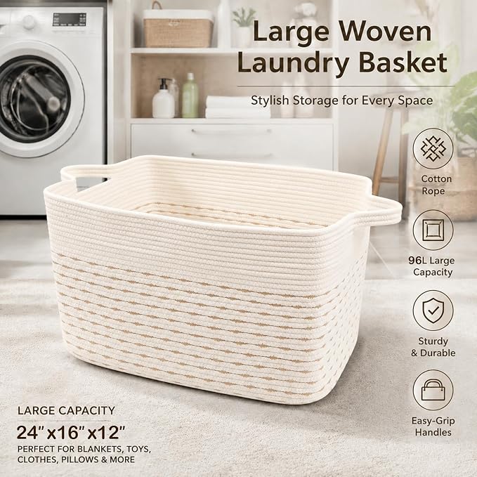 65L Collapsible Woven Rope Laundry Basket with Handles, Yellow | 21x16x12 Foldable Rectangular Blanket Basket for Toys, Clothes & Pillows,Ideal for Nursery, Bathroom, Bedroom, Living Room - Image 5