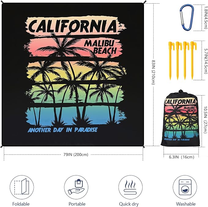 Beach Blanket Waterproof Sandproof Beach Mat 79”x 83” for 1-8 Adults Quick Drying Durable Outdoor Picnic Mat for Beach Festival Travel Camping Hiking (Rainbow Cocotree-California, 79"×83"(4 Person)) - Image 3