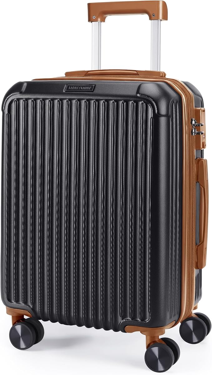 LIGHT FLIGHT Carry On Luggage 22x14x9 Airline Approved, Black and Brown | Airline Approved, Hard Shell with Wheels, Expandable Hardside, Lightweight, TSA Lock by LIGHTFLIGHT