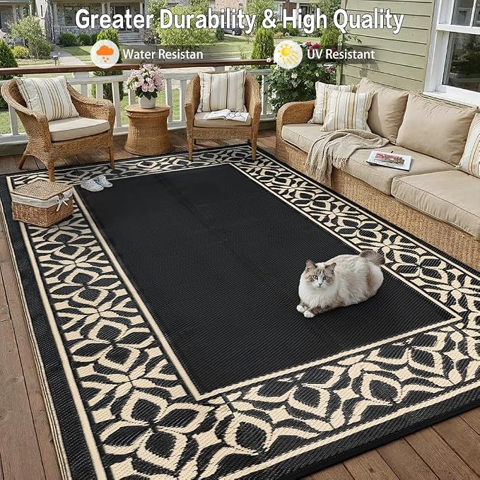 PureCozy Outdoor Plastic Straw Rug Black Beige Large Outside Waterproof Outdoor Patio 9x12 Carpet Geometric Reversible Mat Modern for Camping RV Porch Deck Balcony Beach - Image 7