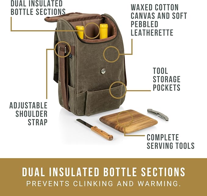 PICNIC TIME 2 Bottle Insulated Wine Bag with Cheese Board and Knife Set - Wine Picnic Bag - Distressed Waxed Canvas Wine Tote, (Khaki Green with Brown Accents) - Image 6