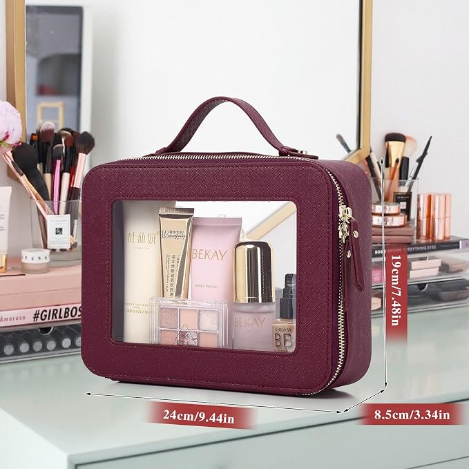 Pinkmik Clear Makeup Bag Waterproof Travel Case for Cosmetics and Toiletries Women's Makeup Organizer and Car Bag with Zipper (X/Burgundy, L) - Image 3