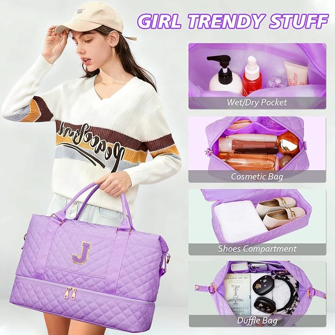 Teen Girls Trendy Stuff Initial Travel Duffle Bag Quilted Weekender Bags Carry-On Overnight with Cosmetic Bag, Gym Bag with Shoe Compartment Hospital Bag for Women Labor Delivery, Purple-J - Image 5