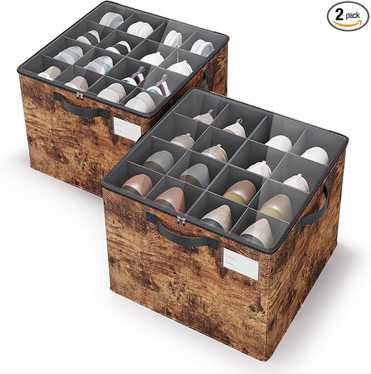 Varhomax Shoe Organizer Box for Closet 2 Pack, Fabric Shoe Storage Bin with Adjustable Dividers & Clear Cover, Holds up 16-32 Pairs of Sneakers & Sandals for Entryway, Cubby (Rust Brown) by Varhomax