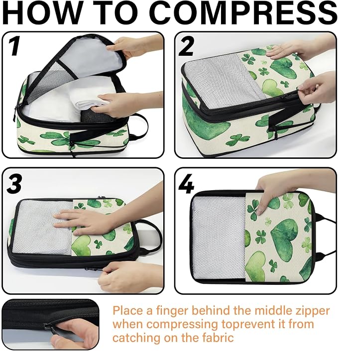 Clover Shamrock Irish St Patrick's Day Compressible Packing Cubes for Suitcase 6 Set Lightweight Expandable Compression Packing Travel Luggage Organizer - Image 4