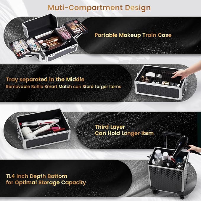 Stagiant Rolling Makeup Case Cosmetology Case on Wheels 4 in 1 Large Cosmetic Organizer Train Case Makeup Travel Case with Key Swivel Wheels Nail Artist Salon Storage Traveling Cart Trunk Black - Image 3