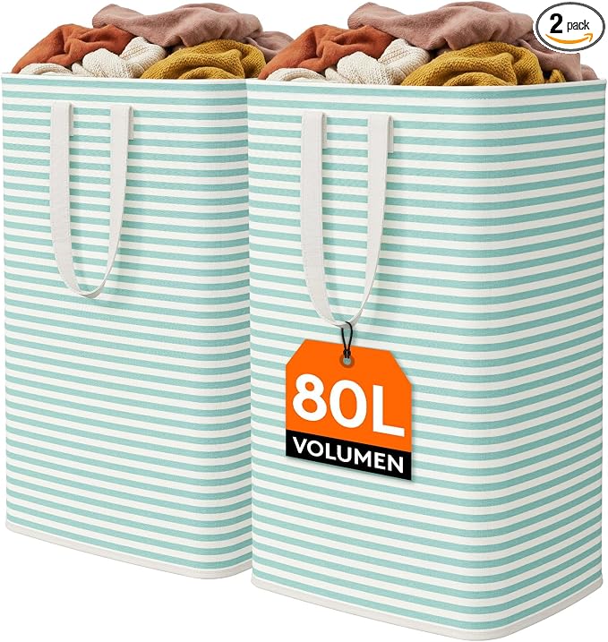 Lifewit 2 Pack Laundry Basket 80L Each, Collapsible Clothes Hamper with Reinforced Handles, Freestanding Waterproof Design for Bedroom and Laundry Room, Sage Green 160L Total by Lifewit