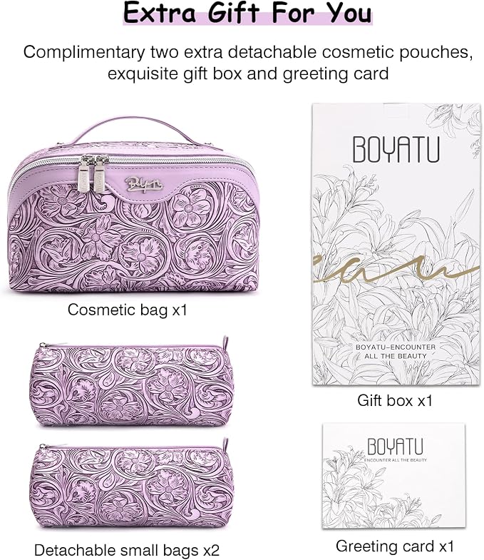 BOYATU Travel Makeup Bags Cosmetic Organizer Bag: 3 Pcs Set Large Capacity Floral Make up Bag with Compartments - Waterproof Leather Toiletry Bags with Handle for Women (21-Purple) - Image 7