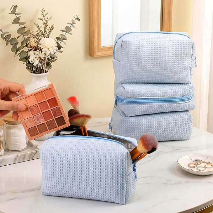 Gilprop 8 Pcs Holiday Gifts for Women Cozy Makeup Bag Portable Travel Waffle Toiletry Bag Soft Wedding Makeup Organizer Large Pouch with Zipper for Bridesmaid Friend (Light Blue) - Image 4