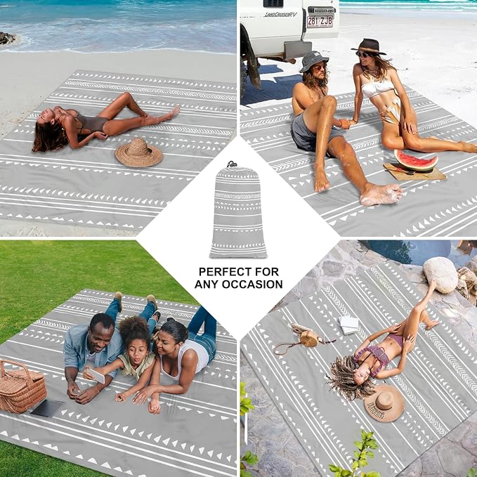 Extra Large 110''×118'' Beach Blanket for 8 Adults, Outdoor Beach Mat Sand Free Waterproof with 4 Stakes & 4 Corner Pockets, Polyester Lightweight Foldable Grey Picnic Mat for Travel, Camping, Hiking - Image 5